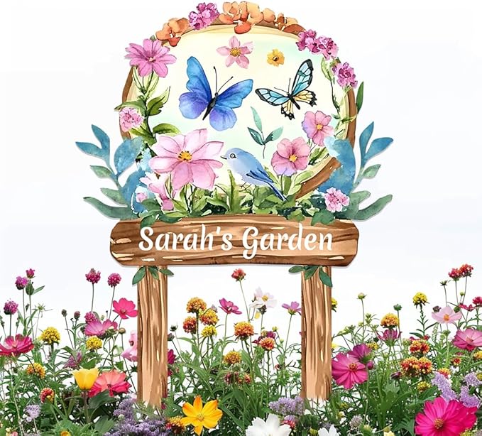 Personalized Watercolor Garden Metal Sign with Stake,Custom Gardener Last Name Signs Outdoor Decor,Customized Birds Gardening Gifts for Mom,Butterfly Flowers Plaques for Patio Lawn Porch Yard Garage
