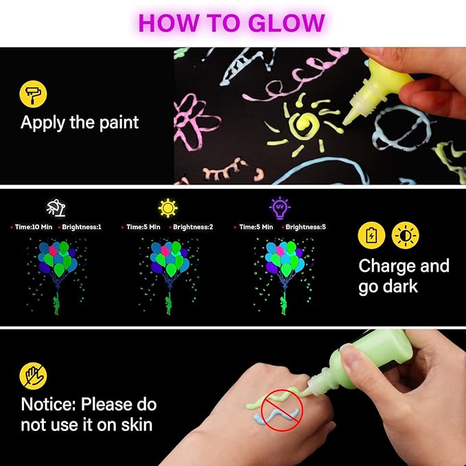 ABEIER Glow in the Dark Paint, 12 Colors (30ml/1oz) Blacklight Acrylic, Neon Craft, Long Lasting Glow Fluorescent Ideal for DIY Projects, Halloween, Easter, Christmas Decorations