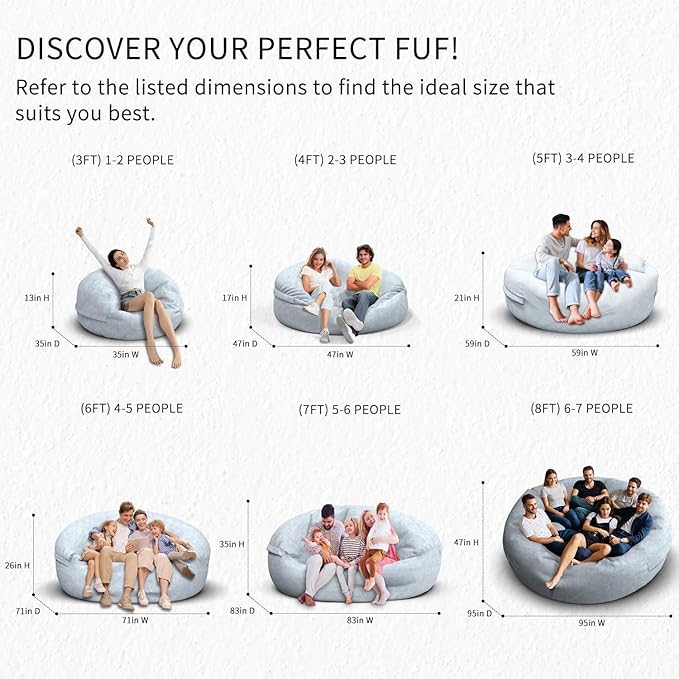 Bean Bag Chair for Adults 8FT,Soft Removable Cover for Teens/Girls Bedroom,Fluffy Giant Round Floor Beanbag Lounger Chairs (No Filler,Light Gray)