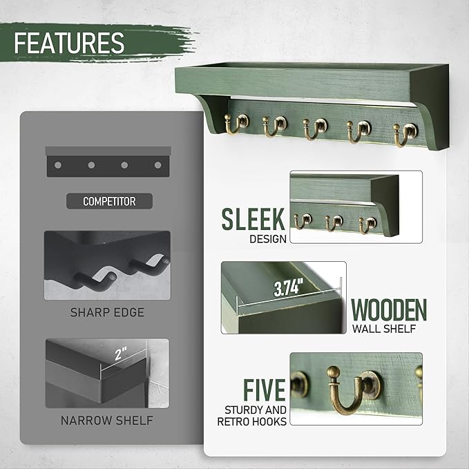 Rebee Vision Farmhouse Pine Wood Key Holder Wall Mount with Shelf for Home Improvement - Rustic Wall Mail Holder for Farmhouse Room Decor - Perfect Mail Organizer for Home (Green)