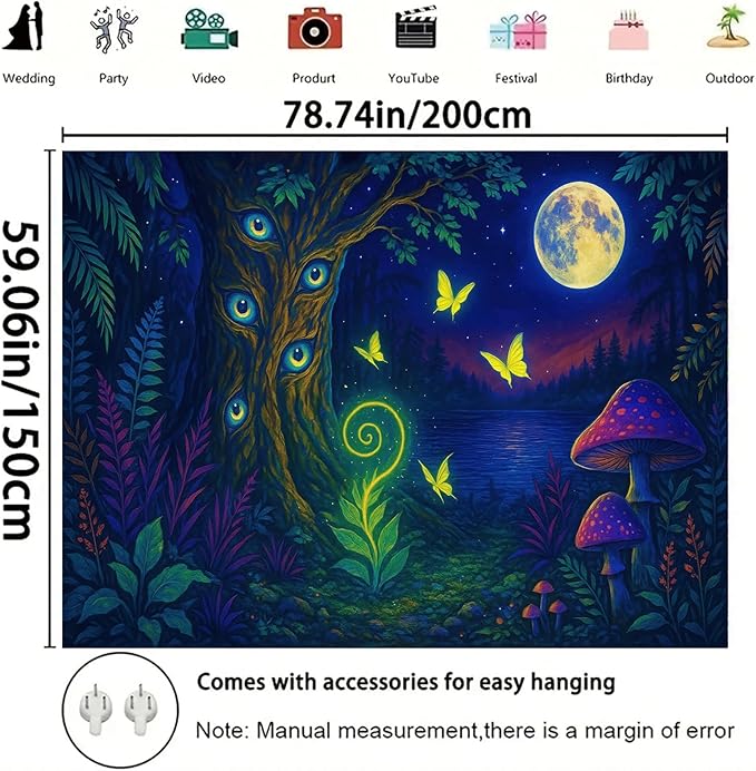 Starlit Patio Fantasy Forest Blacklight Tapestry UV Reactive Wall Hanging Glowing Tree Eyes Butterflies Mushrooms Moon for Bedroom Dorm Living Room Psychedelic Nature Decor Fluorescent Poster 78 x 59 Inch