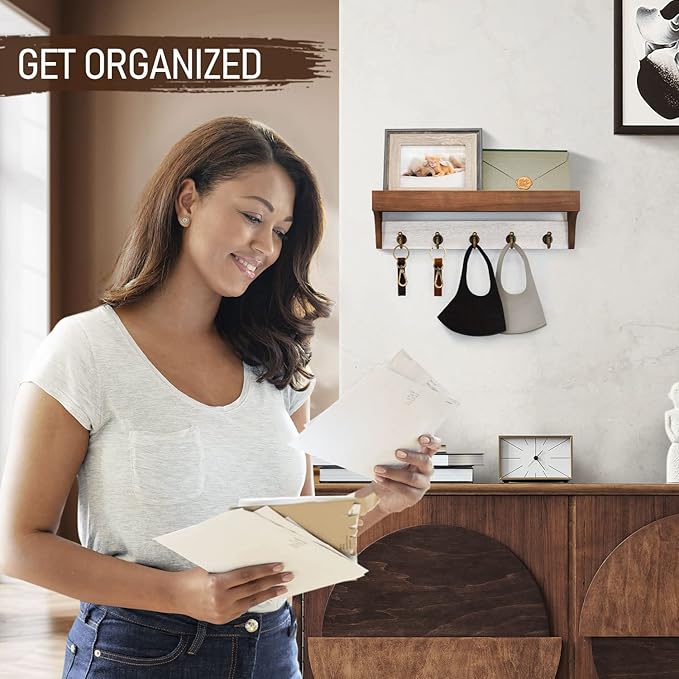 Rebee Vision Key Holder for Wall with Shelf - Farmhouse 2-Color Key Rack with 5 Retro Keys Hooks and Primitive Wood Mail Organizer Wall Mount - Decorative Rustic Home Decor (Brown & White)