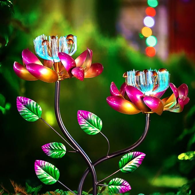 Solar Wind Spinners Pink Twin Flowers for Yard and Garden, Solar Windmill Garden Whirligig Kinetic Spinners Decor for Lawn, Patio, Yard, Metal Wind Outdoor Sculpture