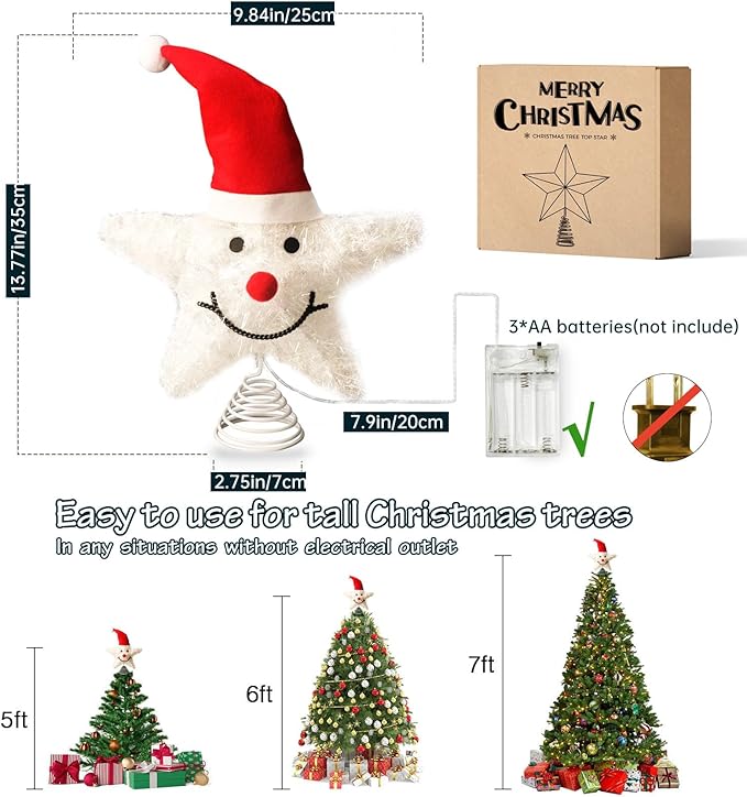 Christmas Tree Topper Snowman Star with Warm White 20 LED Lights, Xmas Tree Topper Star for Holiday Seasonal Decor Battery Required Outdoor Indoor