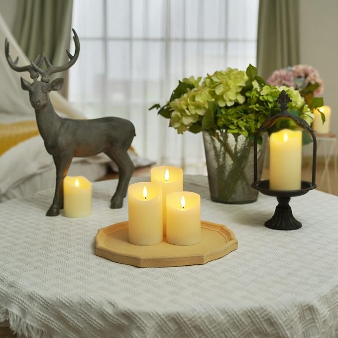 Homemory Flickering Flameless Candles, Realistic LED Candles with Remote and Timer, Textured Wax with Water Ripple, Battery Operated Wax Candles, Set of 3, Ivory