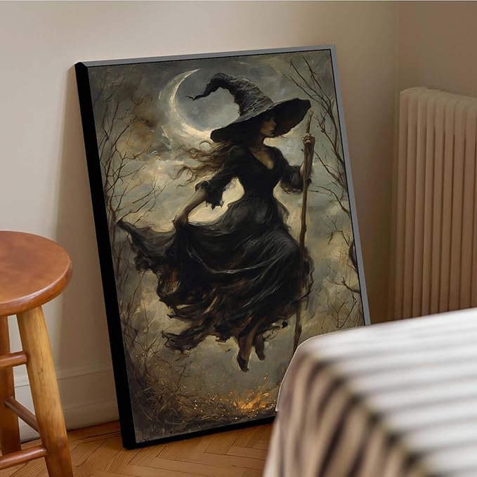 JFHCQJPK Witch in the Forest Halloween Print Wall Art Poster Witch Decor Vintage Print Dark College Wall Art Victorian Gothic Room Decor Canvas Wall Print16x24in Metal blackFramed