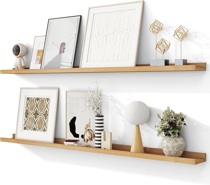 Solid Ash Wood Picture Ledge Shelf, Floating Shelves Set of 2, 56 Inch Long Large Ledge Shelves, Nursery Book Shelves Wall Mounted for Living Room Bedroom Kitchen Decor Kids Bookshelf, Natural