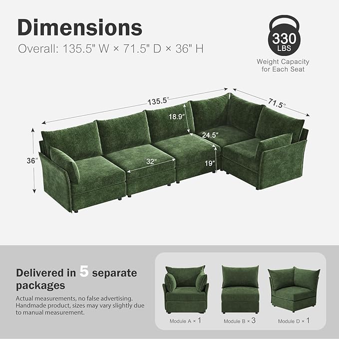 135.5" Oversized Modular Sectional Sofa, L Shaped Convertible Couch with Movable Ottoman, 5 Seat Corner Couches for Living Room Deep Seat Green Chenille
