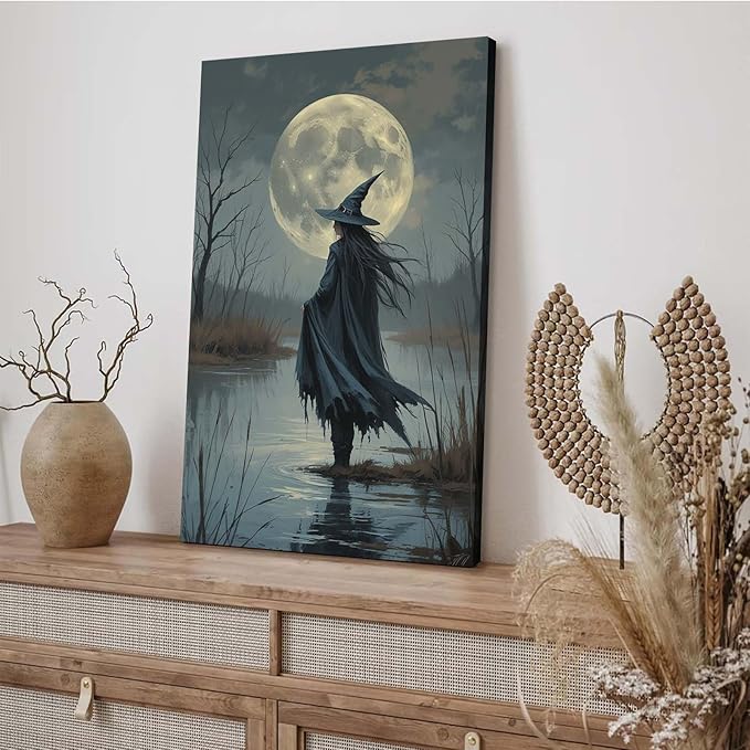 JFHCQJPK Witch in the moonlight magic canvas wall art enchanting Halloween home decor swamp witch silhouette oil painting mysterious gothic aesthetic wall decor print poster12x16in Frameless