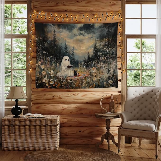 Halloween Ghost and Black Cat Tapestry Wall Hanging Spooky Ghos Reading Book in Wildflowers Wall Decor Halloween Witchy Room Aesthetic Tapestries for Goth Living Room Bedroom Decoration 70x90inch