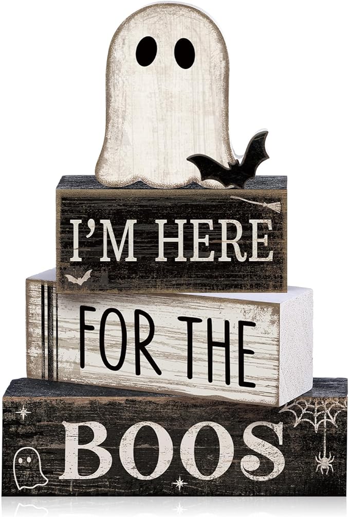 4 Pcs Halloween Table Decoration Wooden Ghost Tiered Tray Decor Rustic Wood Bat Ghost Block Signs Halloween Centerpiece Farmhouse for Home Tabletop Kitchen Shelf and Party Gift