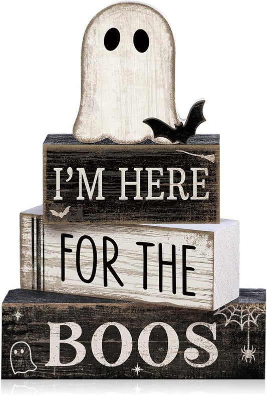 4 Pcs Halloween Table Decoration Wooden Ghost Tiered Tray Decor Rustic Wood Bat Ghost Block Signs Halloween Centerpiece Farmhouse for Home Tabletop Kitchen Shelf and Party Gift