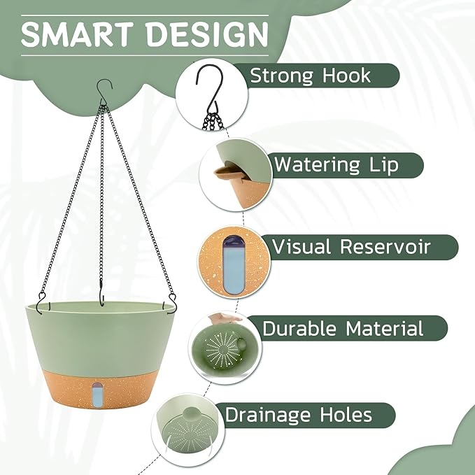 ZMTECH 12 Inch Hanging Planters for Indoor Plants, 2 Pack Self Watering Hanging Planter with Visual Reservoir, Hanging Pots for Plants Outdoor with Drainage Hole and Plant Hanger(Green)