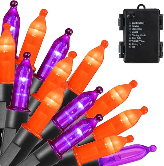 Dazzle Bright Purple and Orange Battery Operated 50 LED 16FT Waterproof Mini String Lights with 8 Modes - Indoor/Outdoor Halloween Decorations