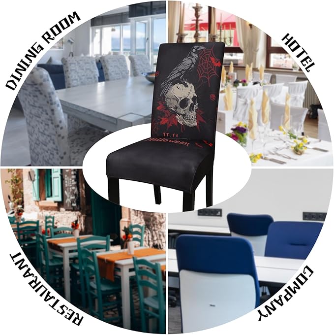 JQinHome Black Halloween Chair Slipcover,Skull Chair Covers Set of 4, High Stretch Washable Chair Protector Cover for Dining Room, Kitchen,Home Party,Wedding Ceremony(Skull Black,4PC)