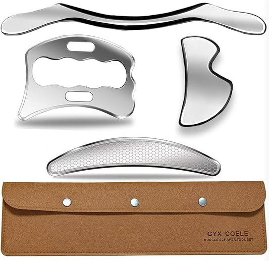 4 in 1 Professional Muscle Scraper Tool Set, Stainless Steel gua sha IASTM Tools with Case, Physical Therapy Massage Tools for Myofascial Release