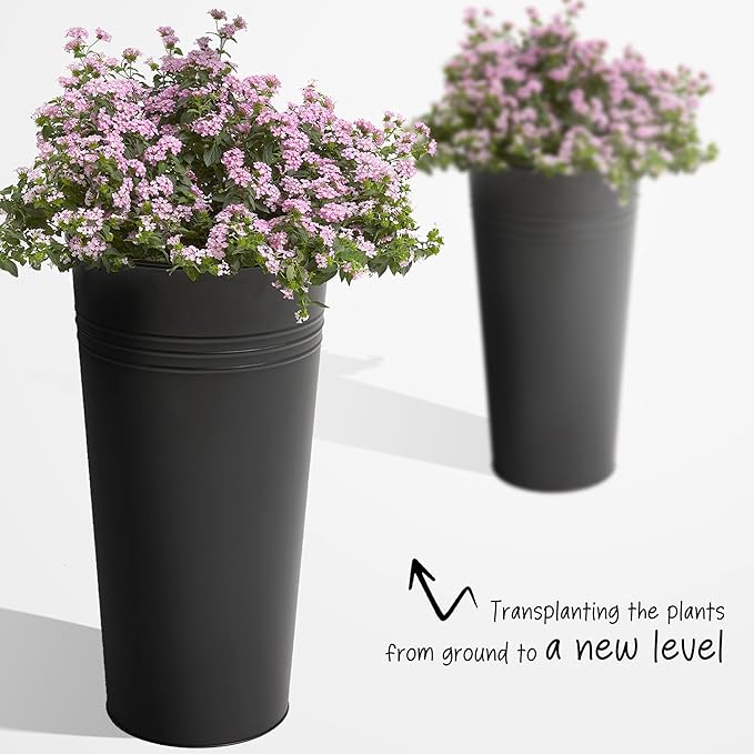 KOL 22''H 2-Pack Planter with Water Level Indicator - Galvanized Steel Pot - Self Watering Planters Flower Pot for Plant - Inner Pot Design - Round Metal Planter Box - Indoor Outdoor Planting - Black