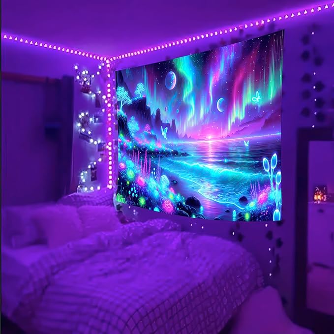BlissYard Blacklight Fantasy Forest Tapestry UV Reactive Moon Tapestry Floral Plant Jungle TapestryButterfly Galaxy Space Tapestry Nature Landscape Wall Hanging for Bedroom Living Room 51" X 78"