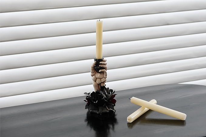 Skeleton Hand Halloween Candle Holder, Resin Candlestick Holder with Black&Burgundy Artificial Flowers Arrangement, Gothic Halloween Decor for Coffee Table/Dining Table Centerpiece, 6" Height