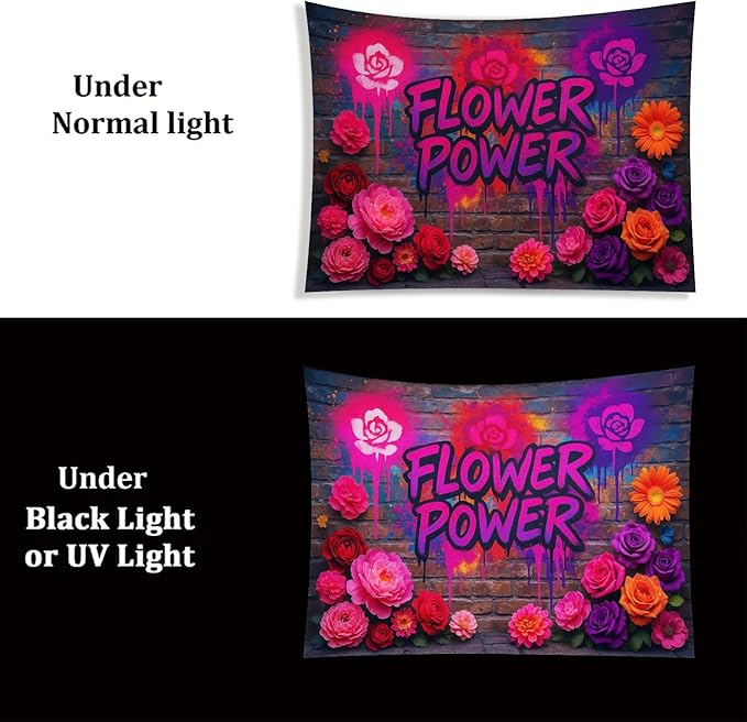 Starlit Patio Flower Power Blacklight Tapestry UV Reactive Wall Hanging Graffiti Brick Wall Roses Spray for Bedroom Dorm Living Room Glowing Retro Aesthetic Decor Fluorescent Trippy Poster 78 x 59 Inc