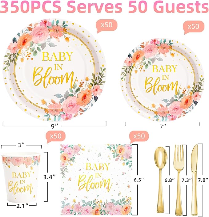 350 Pcs Baby in Bloom Baby Shower Decorations for Girl, Its a Girl Baby Shower Plates and Cups and Napkins Sets, Pink Floral Baby in Bloom Plates and Napkins Sets, Serves 50