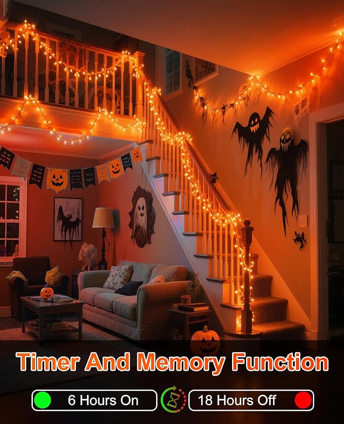 Halloween Lights Outdoor 40FT 120 LED, Green Wire String Lights for Outside Waterproof, 8 Modes Connectable Twinkle Tree Light for Indoor Bedroom Yard Party Holiday Decorations, Orange