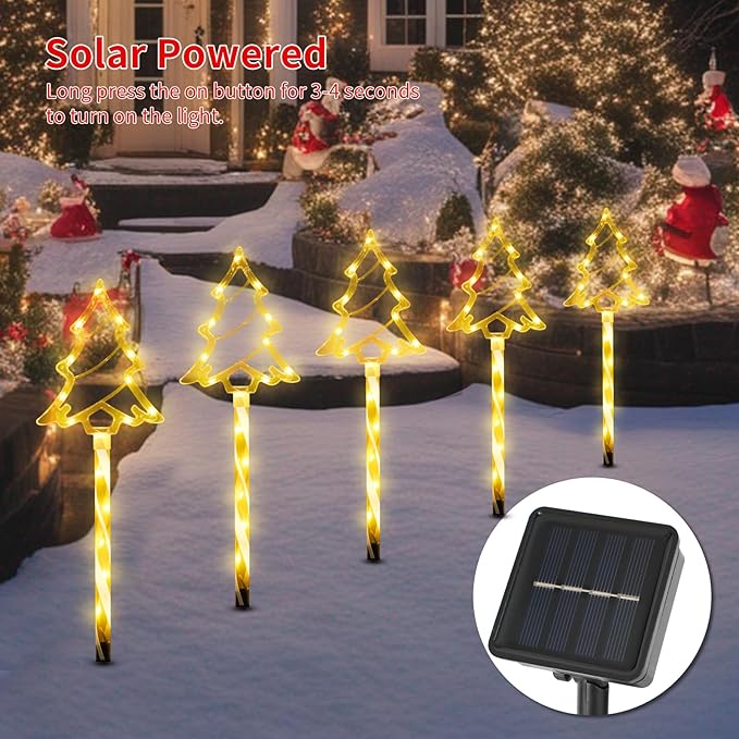 Christmas Solar Pathway Lights Outdoor Decorations, 8 Modes Xmas Tree Candy Lights Waterproof Led Garden Stake Light for Walkway Yard Lawn Porch Holiday Decor 5-Pack (Yellow Tube Tree, 5 Pack)