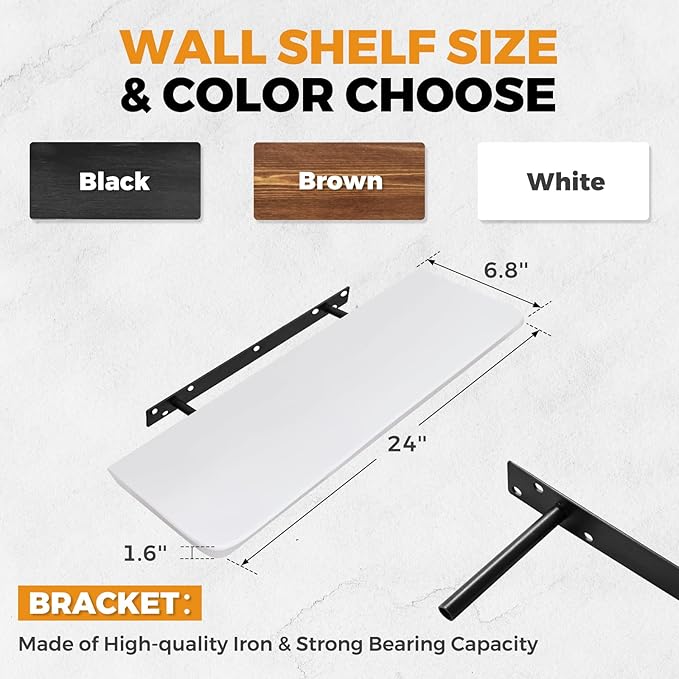 24"x6.8"x1.6" Slanted Floating Wall Shelves 2-Pack - Rustic White Finish, Heavy-Duty Solid Wood Design with Hidden Brackets - Perfect for Living Room, Kitchen, Bathroom, or Office