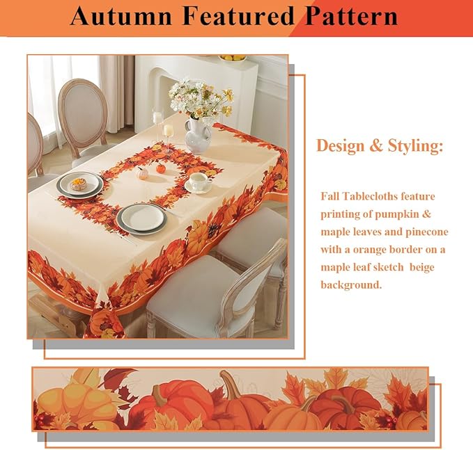 SASTYBALE Pumpkin Tablecloth, Fall Tablecloths for Rectangle Tables 52 x 70 Inch Spillproof Wrinkle Resistant Durable Polyester Table Cover for Harvest, Thanksgiving, Holiday