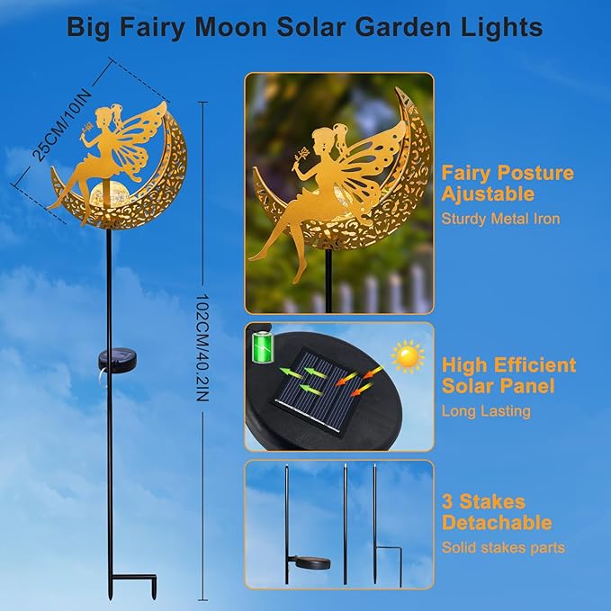 Fairy Moon Solar Lights Outdoor Garden Gifts for Mom Yard Decorations Stakes Lights, Waterproof LED Outside Backard Decor, Lawn Patio Ornaments, Mothers Day Birthday Gifts for Mom (Gold,1Pack)