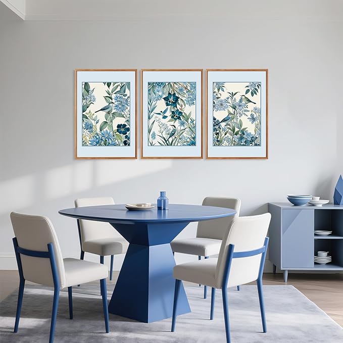 Aurlan Vintage Blue Birds and Botanical Framed Wall Art(24"x36"), 3PCS Classic Chinoiserie Audubon Bird Canvas Artwork, Large Abstract Watercolor Flowers Floral Home Decor for Bedroom Living Room