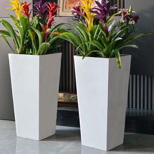 GreenShip 27" Tall Planters, Set of 2 – Black Outdoor Planter for Front Porch & Tall Plants, Weather-Resistant, with Drainage Hole & Rubber Plug (No Plants Included) (White-2pcs)