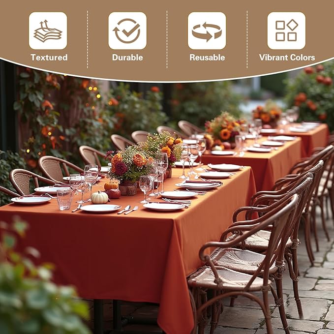 sancua 2 Pack Rust Tablecloth 60 x 102 Inch, Rectangle Thanksgiving Burnt Orange Table Cloth for 6 Feet Tables - Stain and Wrinkle Resistant Washable Polyester Table Cover for Dining Parties Camping