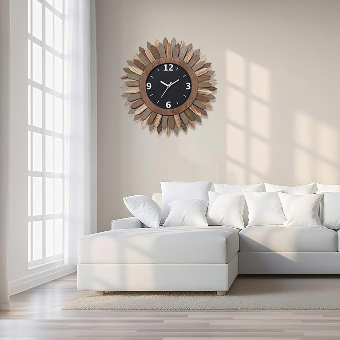Honiway 16 Inch Wall Clocks, Rustic Wood Boho Sunburst Decorative Wall Clock Battery Operated Silent Non Ticking Farmhouse Large Wall Clocks for Living Room Kitchen Bedroom Home Decor (Tricolor)