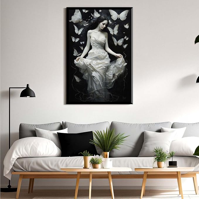 JFHCQJPK Vintage Gothic Feminine Canvas Wall Art Print Butterfly Poster Moody Preppy Wall Art Dark College Decor for Home Bedroom16x24in Metal blackFramed