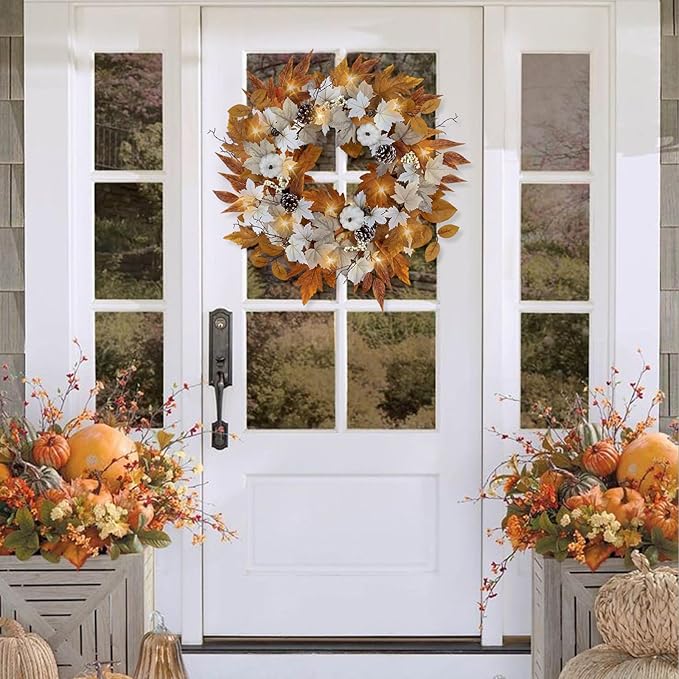 Fall Wreaths for Front Door Outside Autumn Wreath with Lights Berries Pine Cones Fall Decorations for Home Decor Pumpkin Wreath for Farmhouse Holiday Thanksgiving Harvest Halloween Outdoor