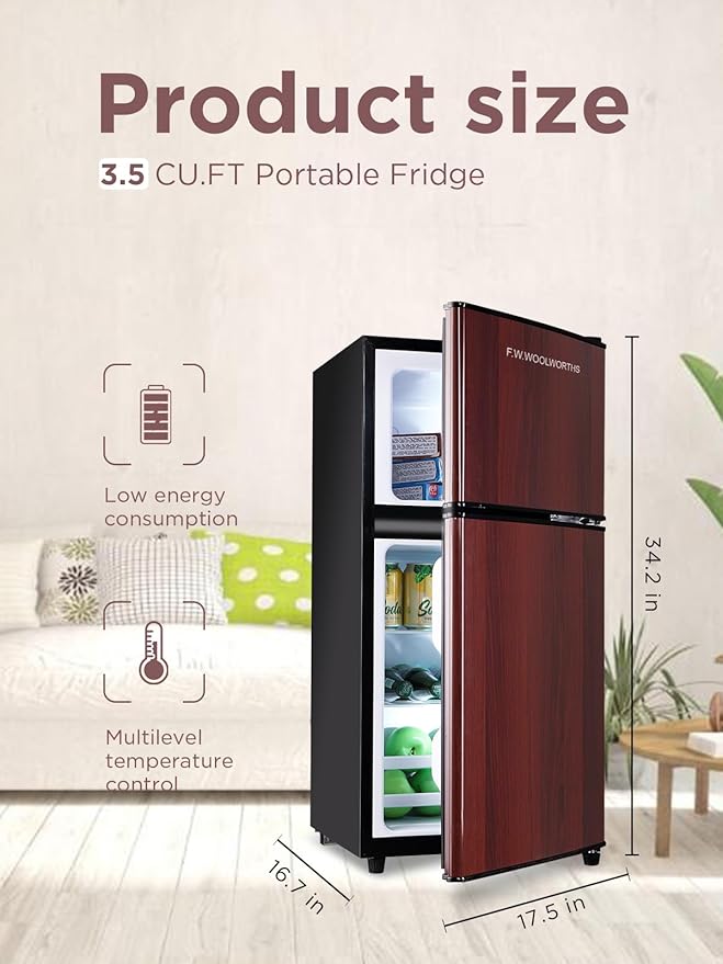 3.5 Cu.Ft Mini Fridge with Freezer, Compact Refrigerator with 2 Doors for Office, Kitchen, Dorm and Bedroom, Small Fridge with 7 Level Temp Adjustable Thermostat, Wood