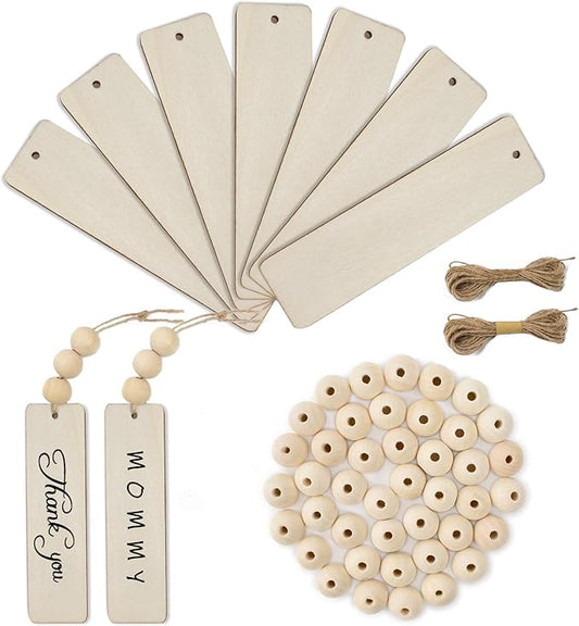 20pcs Wooden Tags with Holes & 50pcs DIY Craft Beads for Wooden Blank Hanging Tags Ornaments with Ropes - Wedding & Birthday Party Decoration