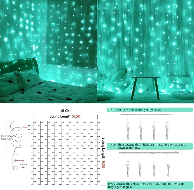 suddus Curtain Lights for Christmas, 200 Led 6.5ft x 6.5ft Hanging String Lights Outdoor, Fairy Curtain Lights for Backdrop, Window, Wall, Party, Garden, Bedroom, Birthday Decorations, Teal