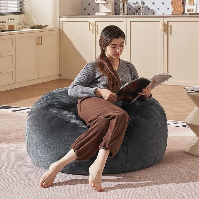 Bean Bag Chair 3Ft, Memory Foam Filled, Large Beanbag Chairs for Adults and Teens, Soft Sofa with Removable Flannel Cover, Round Couch for Living Room Bedroom College Dorm (Dark Gray, 3FT-36×36"×24")