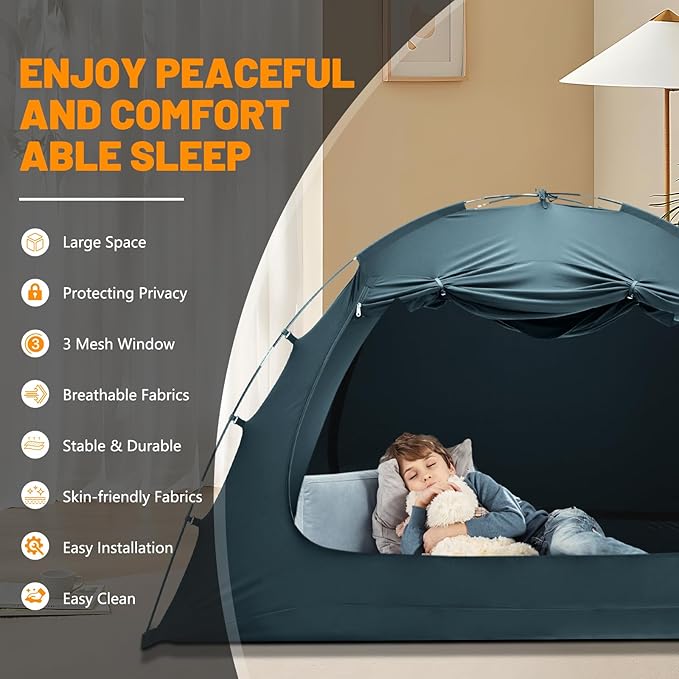 SUNYRISY Bed Tent Twin Size Bed Canopy, Indoor Tent for Adult and Kids, 3 Doors Breathable Portable Dream Tent, 80% Blackout Private Space Sleeping Tents