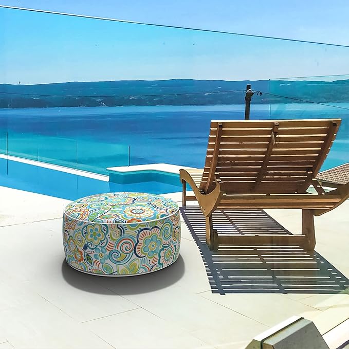 LVTXIII Outdoor/Indoor Inflatable Stool Ottoman, All Weather Patio Footrest Pouf, Portable Round Ottoman for Patio Garden, Camping or Home, D21xH9 Inches, Flower Blue