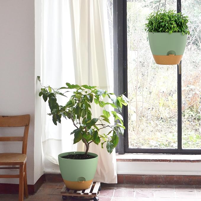 ZMTECH 12 Inch Hanging Planters for Indoor Outdoor Plants, 1 Pack Self Watering Hanging Plant Pots with Drainage Holes and Removable Saucer, Plastic Flower Hanging Pots with Watering Lip (Green)