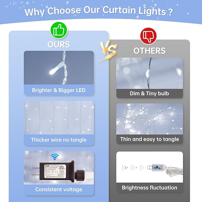 HEYFUNi 304 LED Curtain Lights Outdoor, 9.8Ft*9.8Ft Hanging String Lights Plug in with 8 Modes, Connectable Curtain Fairy Lights for Bedroom, Dorm, Christmas, Wall, Backdrop, Wedding Decor, White