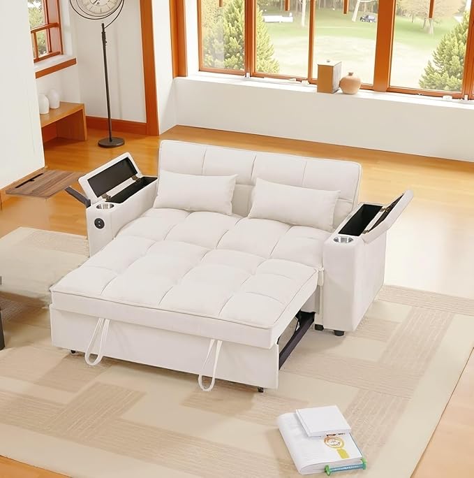 65''Convertible Sleeper Sofa Bed,3-in-1 Pull Out Couch Bed with 360 Degree rotatable Side Table and USB Ports for Living Room,RV (07beige)