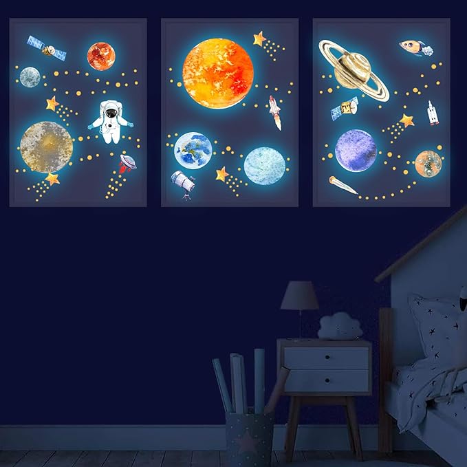 Glow in The Dark Planets and Stars Wall Decals, Luminous Astronaut Galaxy Space Rockets Wall Stickers Space Ceiling Decor for Boys Girls Bedroom Kids Baby Nursery Living Room Decoration