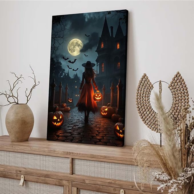 Halloween theme poster moonlit autumn night witch vintage poster art print dark college style gothic painting canvas wall decoration bedroom living room ideal gift12x16in Wood Framed