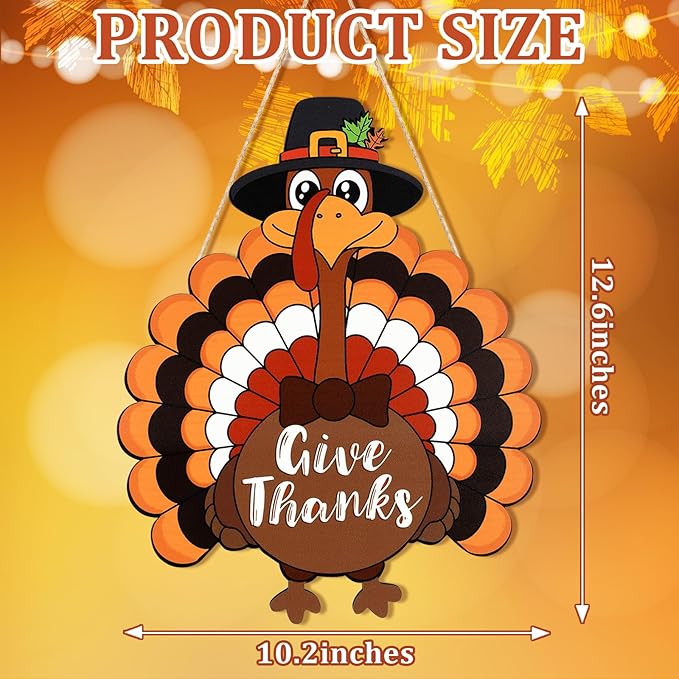 Thanksgiving Decoration Wooden Turkey Pumpkin Door Wreath for Front Door Sign Wall Signs, Thankful Blessed Grateful Pumpkin Sign Hanging for Fall Autumn Harvest Home Halloween Decoration