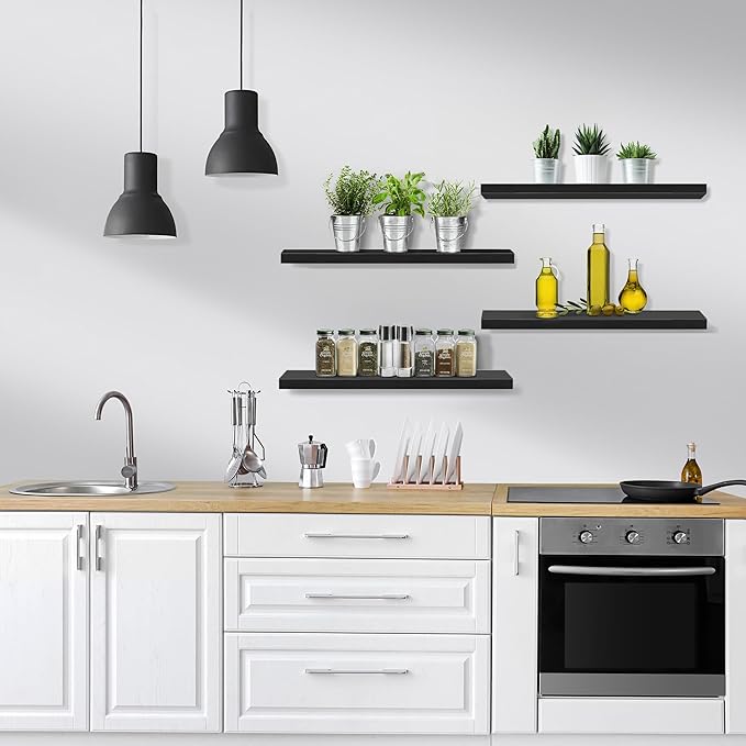 Sorbus Floating Shelves for Wall - 24" Bathroom Shelves, Wall Decor for Bedroom, Kitchen, Living Room, Home Decor & Book Storage - Mounted Floating Shelf with Invisible Brackets (Black, 4 Pack)