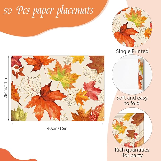Paper Placemats Disposable 50 Pack Fall Maple Leaves Placemats 16x 11 Inch Thanksgiving Watercolor Yellow Leafs Autumn Table Mats for Home Party Kitchen Dining Table Decoration